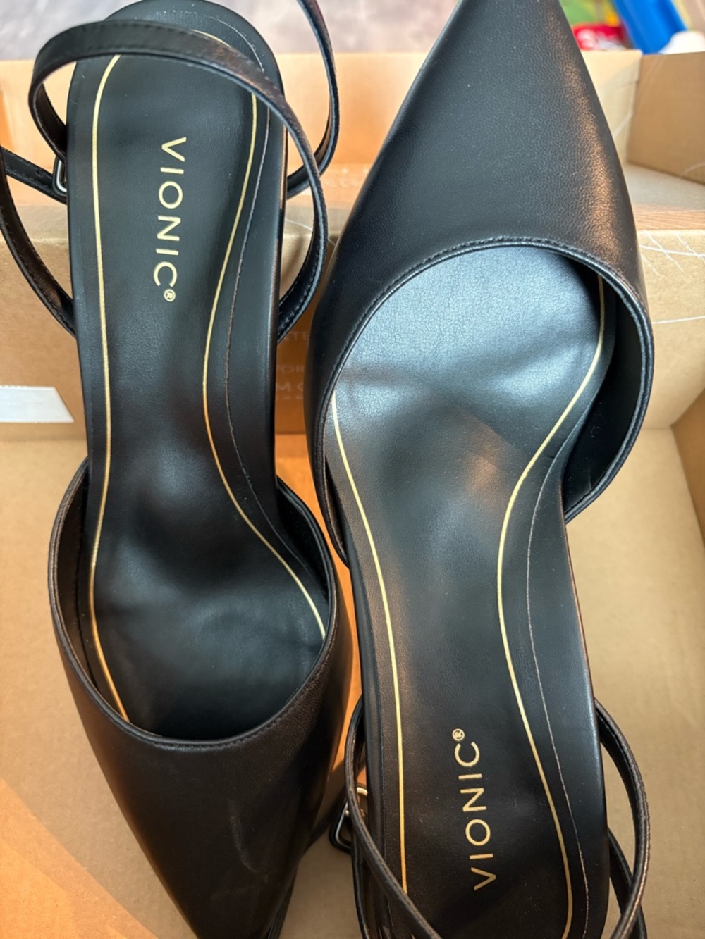 Vionic Black Pointed Toe Slingback Heels with Gold Trim